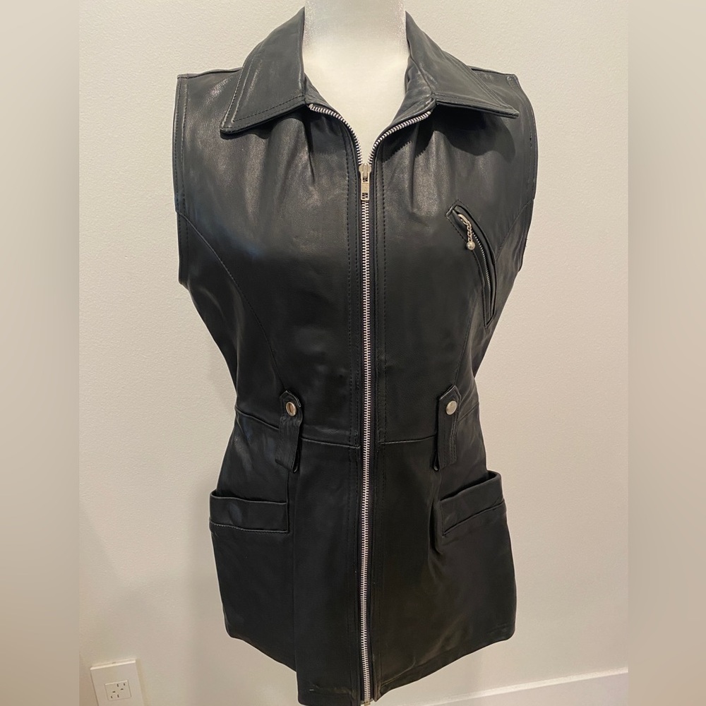Vintage Genuine Leather Moto Vest Black Fitted Biker Zip Waistcoat Small